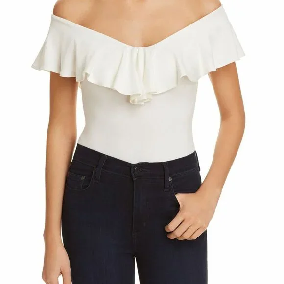 LITTLE BLACK BODYSUIT SIZE L CREAM WHITE This OFF SHOULDER RUFFLE THONG BODYSUIT - Picture 1 of 12